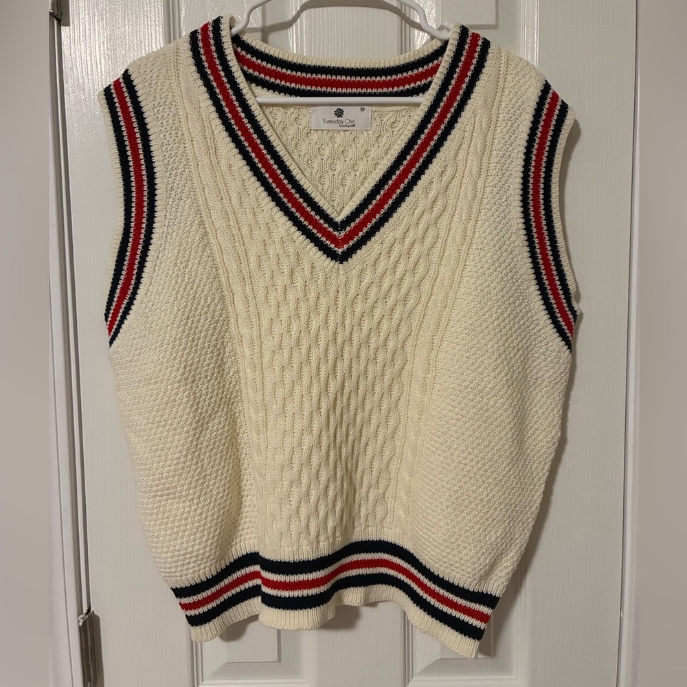 Lands' End Cream V-Neck Sweater Vest with Red and Black Trim